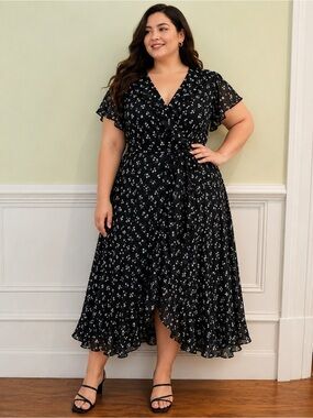 Lane Bryant Floral Ruffle Wrap-Style Dress – Size 14